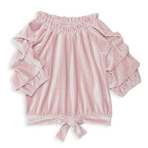 Habitual Girls Velour Sparkle Striped Off The Shoulder Top 5/6 Tie Waist New